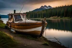 a boat sits on the shore of a lake at sunset. AI-Generated photo