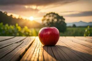 an apple sits on a wooden table in front of a sunset. AI-Generated photo