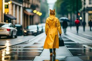 un mujer en un amarillo impermeable caminando abajo un calle. generado por ai foto