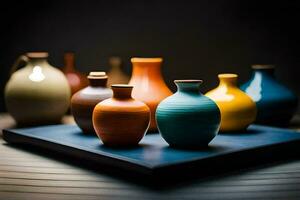 a group of colorful vases on a table. AI-Generated photo