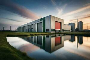 a modern industrial building with a pond in front. AI-Generated photo