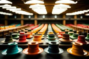 colorful vases are lined up in a room. AI-Generated photo