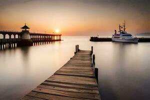 a wooden pier with a boat docked at the end. AI-Generated photo