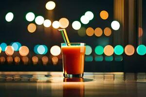 a glass of orange juice sitting on a table in front of a cityscape. AI-Generated photo