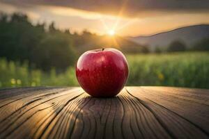 an apple sits on a wooden table in front of a sunset. AI-Generated photo
