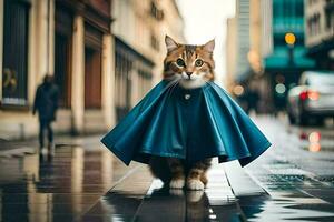 a cat wearing a blue cape on a rainy street. AI-Generated photo