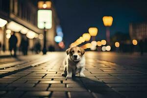 un perrito es en pie en un ladrillo la carretera a noche. generado por ai foto