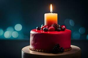 un rojo pastel con bayas y un vela. generado por ai foto