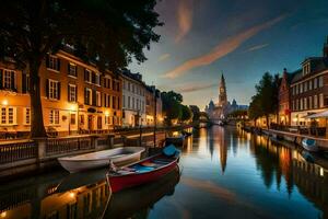 boats are docked in a canal at dusk. AI-Generated photo