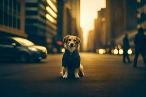 a dog in a jacket sitting on the street. AI-Generated photo