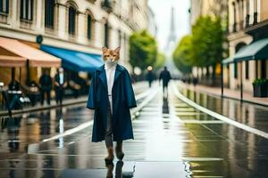 a cat in a blue coat walking down a street. AI-Generated photo