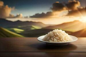 arroz en un cuenco en un mesa en frente de montañas. generado por ai foto