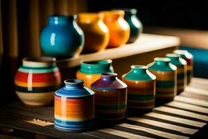 a row of colorful vases sit on a wooden shelf. AI-Generated photo