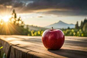 an apple sits on a wooden table in front of a sunset. AI-Generated photo