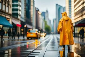 a person in a yellow raincoat standing on a wet street. AI-Generated photo