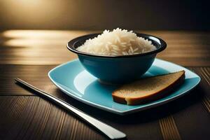 a bowl of rice and bread on a wooden table. AI-Generated photo