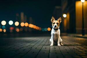 a dog sitting on the street at night. AI-Generated photo