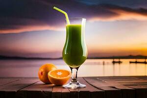 verde jugo en un vaso en un de madera mesa. generado por ai foto