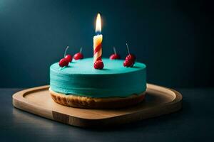 blue birthday cake with a single candle. AI-Generated photo