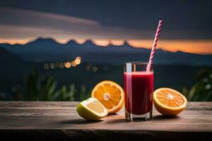 un vaso de jugo con un Paja y rebanadas de naranja y limón en un de madera mesa. generado por ai foto