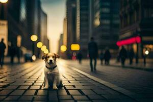 a dog sitting on the street in a city. AI-Generated photo