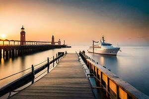 un barco atracado a el muelle a puesta de sol. generado por ai foto