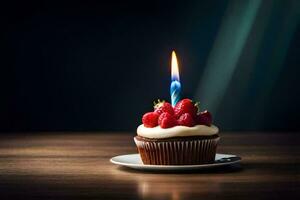 a cupcake with a single candle on top. AI-Generated photo