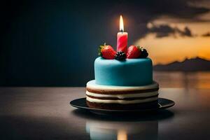 a blue birthday cake with a single candle. AI-Generated photo