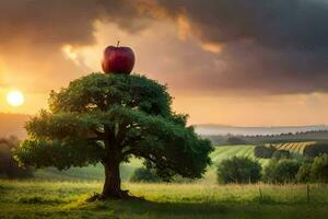 un manzana en parte superior de un árbol en un campo. generado por ai foto