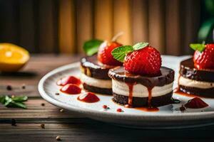 three chocolate desserts with strawberries on a plate. AI-Generated photo