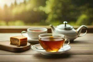 tea and cake on a wooden table. AI-Generated photo