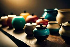 a row of colorful vases on a wooden table. AI-Generated photo