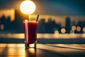 a glass of red juice on a table in front of a city skyline. AI-Generated photo