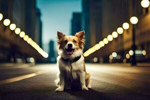 a dog sitting on the street at night. AI-Generated photo