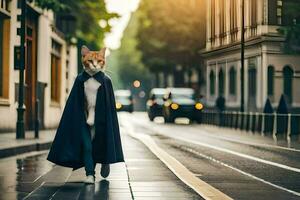 a cat dressed in a cape walking down a street. AI-Generated photo