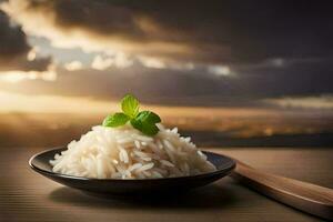 a bowl of rice with mint leaves on top. AI-Generated photo