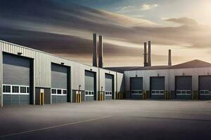 a large industrial warehouse with two large doors. AI-Generated photo