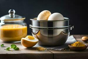 eggs in a metal container and a jar of mustard. AI-Generated photo