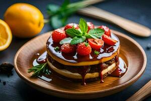 a plate with a cake topped with strawberries and a slice of lemon. AI-Generated photo