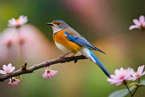 un azul y naranja pájaro se sienta en un rama con rosado flores generado por ai foto