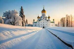 a snowy road leads to a church in the winter. AI-Generated photo