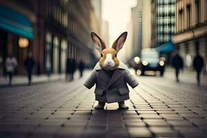 a rabbit wearing a suit and tie on a street. AI-Generated photo