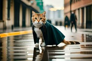 a cat wearing a cape on a rainy street. AI-Generated photo