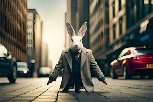 a rabbit wearing a suit and tie on the street. AI-Generated photo