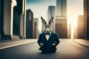 a rabbit dressed in a suit and tie standing in the middle of a city street. AI-Generated photo