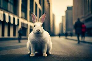 un blanco Conejo es sentado en el calle en frente de edificios generado por ai foto