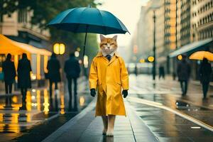 un gato en un impermeable caminando abajo un calle. generado por ai foto