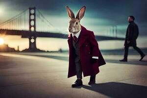 a rabbit in a red coat and tie walking on the street. AI-Generated photo