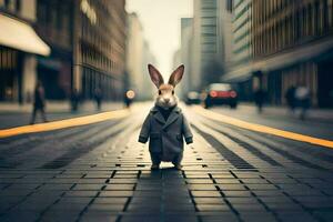 un Conejo vistiendo un traje y Corbata en pie en el medio de un ciudad calle. generado por ai foto