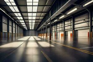 a large warehouse with a large open floor. AI-Generated photo